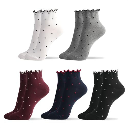 kikiya socks Women Cute Ankle | 5 Pairs Ruffle Design with Polka Dots Pattern Lovely Frilly Mid Cut Black White Gray Wine Navy Print Daily Cotton Socks | Womens Ladies Girls Gift | Ruffle Dot