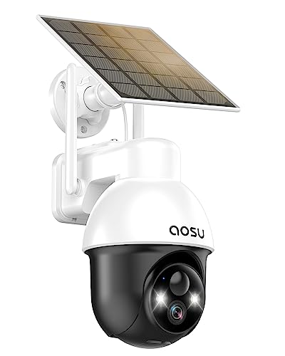 AOSU Solar Security Camera Wireless Outdoor with Panoramic PTZ, Human Auto Tracking, 2K Night Vision, Light and Sound Alarm, 2-Way Audio, Compatible with Alexa/Google Assistant