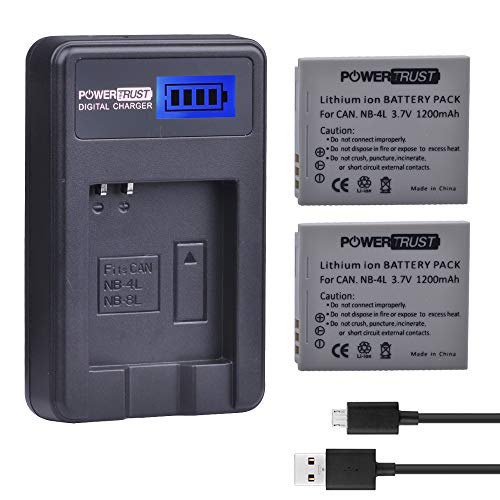 PowerTrust 2-Pack 1200mAh 3.7v NB-4L Battery and LCD USB Charger for Canon PowerShot ELPH 100 HS, 300 HS, 310 HS, SD1000, SD1100 is, SD1400 is, SD200, SD30, SD300, SD40, SD400, SD600, SD750, SD780 is