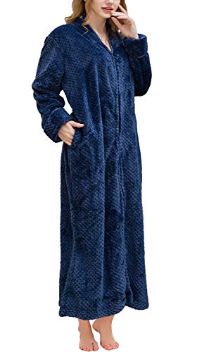 Soojun Women's Waffle Fleece Soft Zip Up Front Bathrobe, Navy, Large/X-Large
