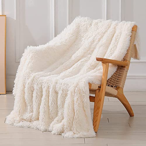 Decorative Extra Soft Faux Fur Blanket Twin Size 70' x 78',Solid Reversible Fuzzy Lightweight Long Hair Shaggy Blanket,Fluffy Cozy Plush Fleece Comfy Microfiber Blanket for Couch Sofa Bed,Cream White