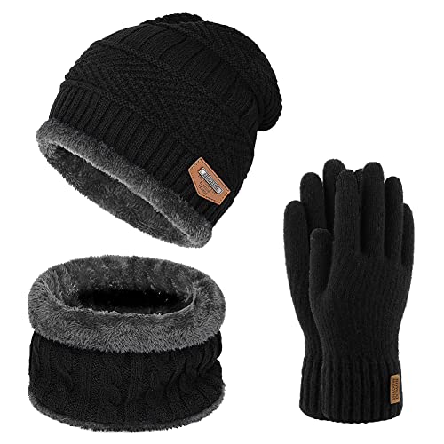 Warm Winter Beanie Hat & Scarf Set Stylish Knit Skull Cap for Men Women (05 Black)