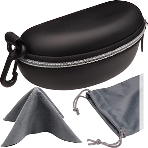 Extra Large & Long Sunglasses case, EVA Zipper Snow Goggles - Semi Hard Glasses Case Compact & Lightweight with belt Clip and cloth (B701 XL Blk & Grey)