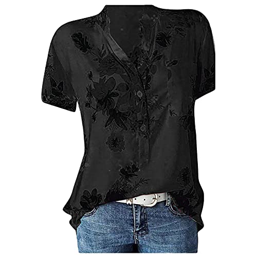 Beautiful Mother's Day Short Sleeve T Shirts Womans Long Business V Neck Polyester T-Shirt Peplum Print Loose Comfy Tunics for Ladies Black