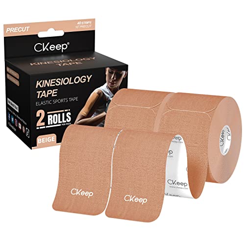 CKeep Kinesiology Tape (2 Rolls), Original Cotton Elastic Premium Athletic Tape,33 ft 40 Precut Strips in Total,Hypoallergenic and Waterproof K Tape for Muscle Pain Relief and Joint Support