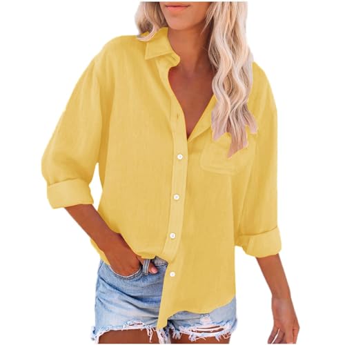 Hyhucoie Clothing Deals of The Day Women Linen Shirts for Women with Pockets V Neck Roll up Short Sleeve Blouses Loose Collared Shirt Summer Casual Tops Deals