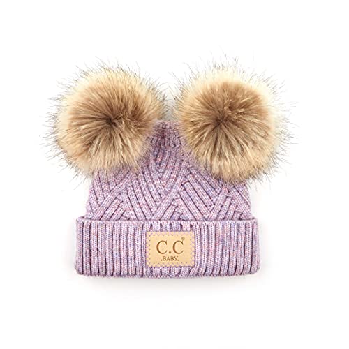 Funky Junque Baby/Infant Double Pom Beanie: Diagonal Basketweave Pattern - Lavender