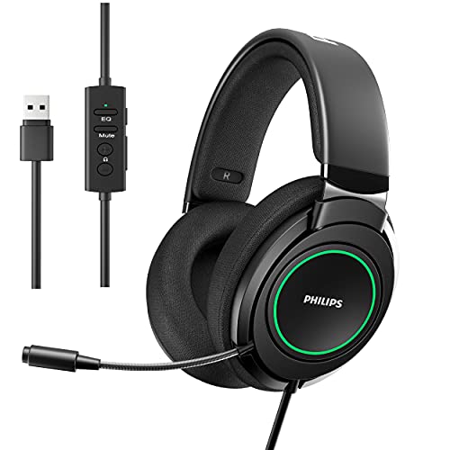 Philips Audio USB Computer Gaming Headset with Microphone, 7.1 Surround Sound, Comfort Fit Wired Headphones with RGB LED Lighting, Black (TAG6105) (Renewed)