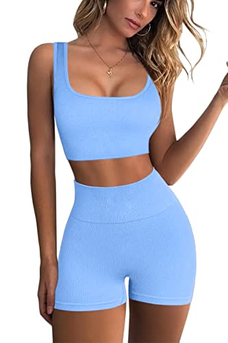 QINSEN Workout Sets for Women 2 Piece Seamless Ribbed Crop Tank High Waist Shorts Yoga Outfits (S, Light Blue)