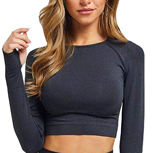 FITTOO Women's Long Sleeves Workout Crop Tops Seamless Sports Shirts Fitness Activewear Black M