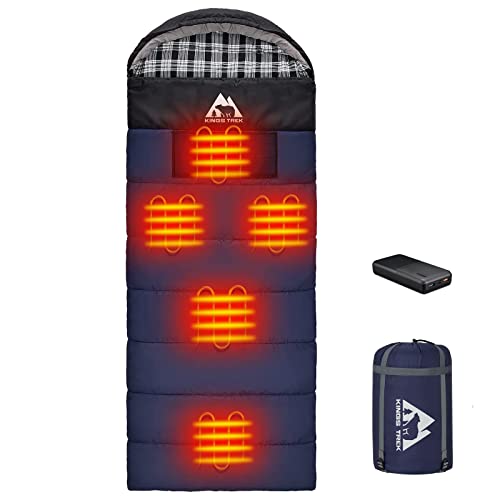 KINGS TREK Sleeping Bag Heated with Battery Pack & Compression Bag, Waterproof Lightweight Sleeping Bag for Camping, Backpacking, Hiking (Blue)