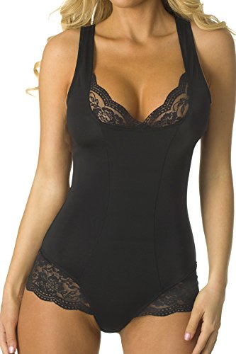 Velvet Kitten Lacey Accent Body Shaper Bodysuit #303538 (XL, Black)