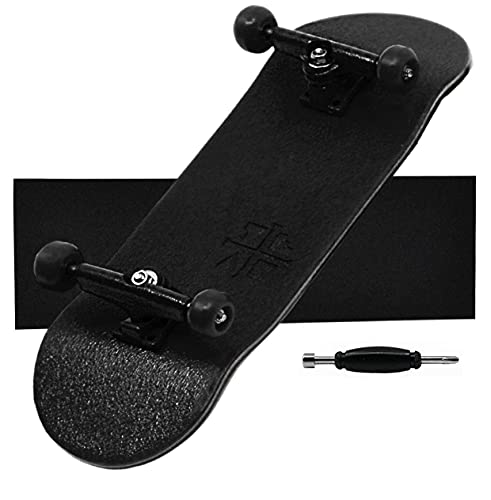 Teak Tuning Prolific Complete Fingerboard with Upgraded Components - Pro Board Shape and Size, Bearing Wheels, Bushings and Trucks - 32mm x 97mm Handmade Wooden Board - All Blacks Edition