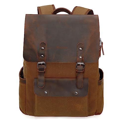 Modoker Waxed Canvas Backpack, Leather Rucksack Knapsack for Men Woman Vintage Travel Laptop Backpack 15.6 Inch Satchel Backpack, Retro Flap Backpacks Canvas Casual Bookbag Brown