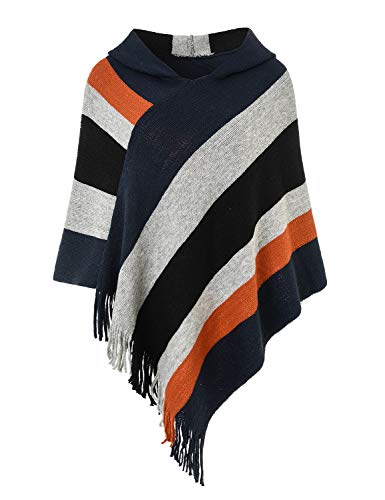 Ferand Women's Casual Striped Poncho Sweater with Hood, Navy blue & Black, One Size
