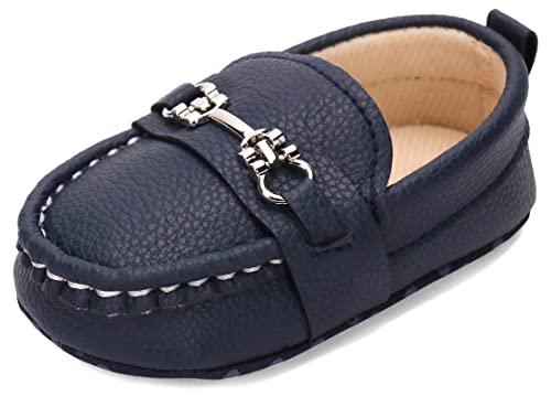 QIETION Newborn Baby Girls Boys Loafers Prewalker Moccasin Crib Shoes Soft Sole Non-Slip First Walker Shoes, Perfect for Baptism/Crawling/Wedding Dark Blue 6-12 Months V200-DB12
