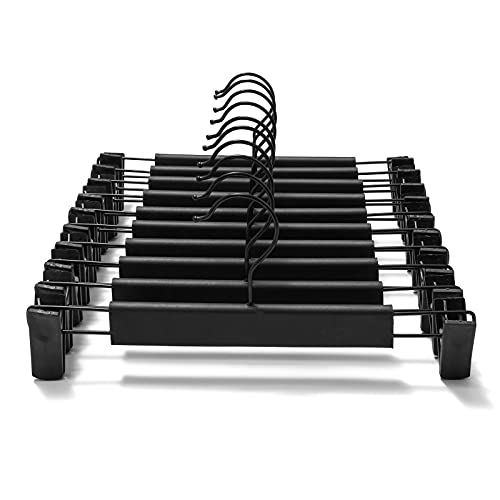 GUANJUNE 10 Pack Clothes Pants Hangers, Space-Saving Skirt Holders with 360 ° Swivel Hooks, Adjustable Clips, Trouser Coat Garment Jeans Black