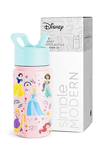 Simple Modern Disney Princesses Kids Water Bottle with Straw Lid | Reusable Insulated Stainless Steel Cup for Girls, School | Summit Collection | 14oz, Princess Rainbows