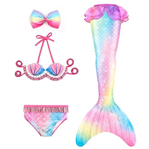 Danvren Mermaid Tails for Swimming Girls Bathing Suits Swimsuit Swimwear with Shell Bikini 3 Pcs for 3-12 Year Old