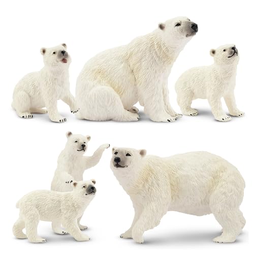 Toymany 6PCS Polar Bear Figurines Toy with Polar Bear Cub, 2-4' Realistic Plastic Arctic Animals Figures Family Set for Christmas Educational Toys Cake Toppers Birthday Gift for Kids