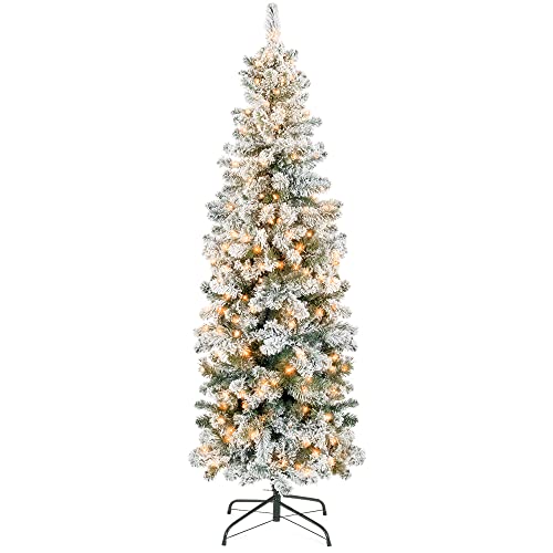 Best Choice Products Pencil Christmas Tree 6Ft Pre-Lit Artificial Snow Flocked Slim Skinny Christmas Tree Holiday Decoration w/250 Clear Lights