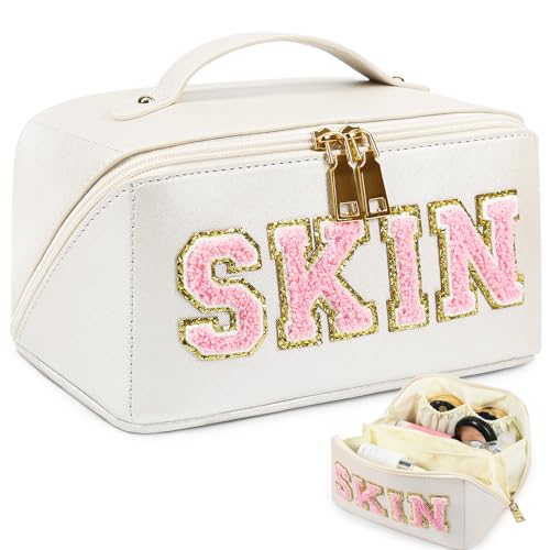 besharppin Large Capacity Travel Cosmetic Bag, Synthetic Leather Open Flat Makeup Bag for Women Letter Toiletry Bag with Dividers and Handle