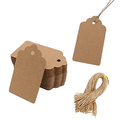SallyFashion 200pcs Kraft Paper Gift Tags with Free 200 Root Natural Jute Twine, Blank Gift Bags Tags Price Tags（Brown Water Ripple）