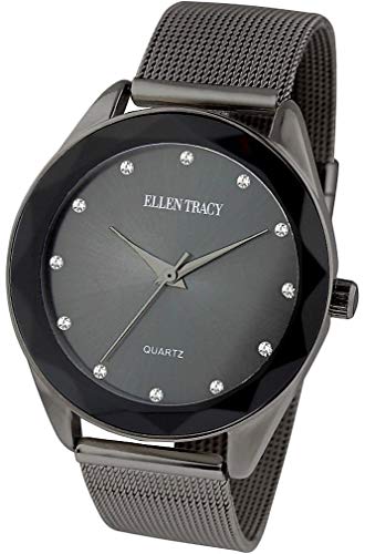 Ellen Tracy Womens Black Face Mesh Watch One Size Black Gunmetal