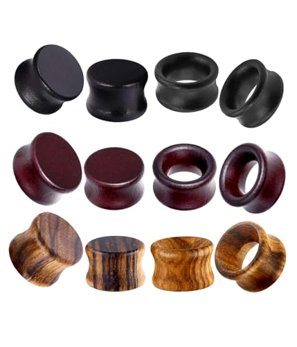 TIANCI FBYJS 12pcs Vintage Natural Brown Black Wood Organic Ear Tunnel Plugs Stretcher Gauges for Men and Women Hollow Solid Wooden Gauges For Ear 1/2 inch
