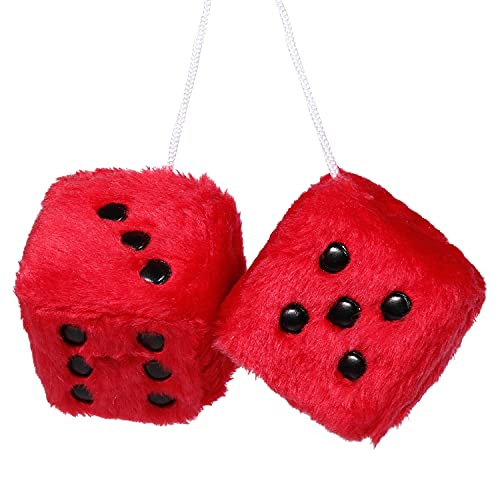 YGMONER Pair of Retro Square Mirror Hanging Couple Fuzzy Plush Dice with Dots for Car Interior Ornament Decoration (red)