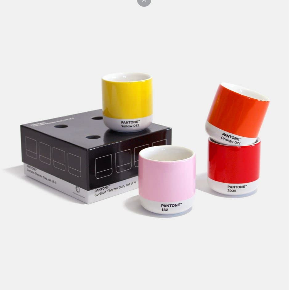 Pantone Porcelain Macchiato Thermo Cup, Lot de 4, Orange 021, Rouge 2035, Jaune 012 and Rose 182