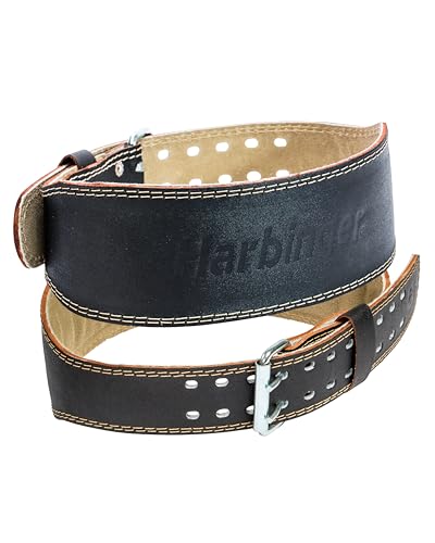 Harbinger Padded Leather Contoured Weightlifting Belt - 4' or 6” Width - Interior Suede Lining & Foam Cushioning - Heavy-Duty Dual Prong Steel Roller Buckle - for Lifting Support