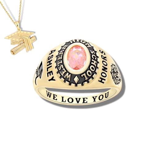 PJM Customized Sterling Silver Women Class Ring – Mementos EXPRESS 7 Days Option - Smooth Classic Collection – Fully Personalized - Mementos Jewelry (Sterling Silver Gold - EXPRESS 7 Days)