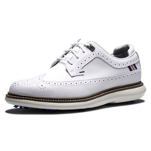 FootJoy Men's Traditions-Wing Tip Golf Shoe, White/White/Grey, 9.5