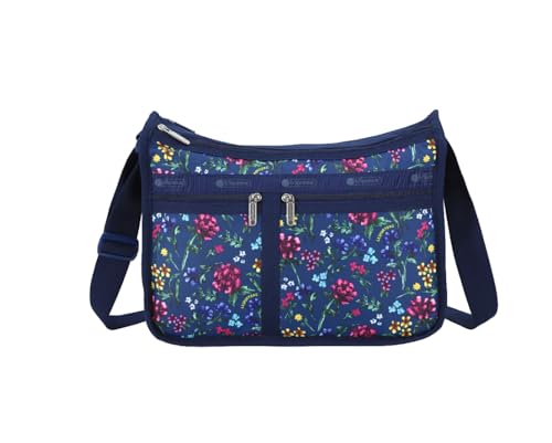 LeSportsac Vibrant Botanical Deluxe Everyday Crossbody Bag + Cosmetic Bag, Style 7507/Color E780, Romantic Delicate Sprays of Wispy Floral Blooms, Bold Vibrant Hues: Magenta, Purple, Golden Sun & Aqua