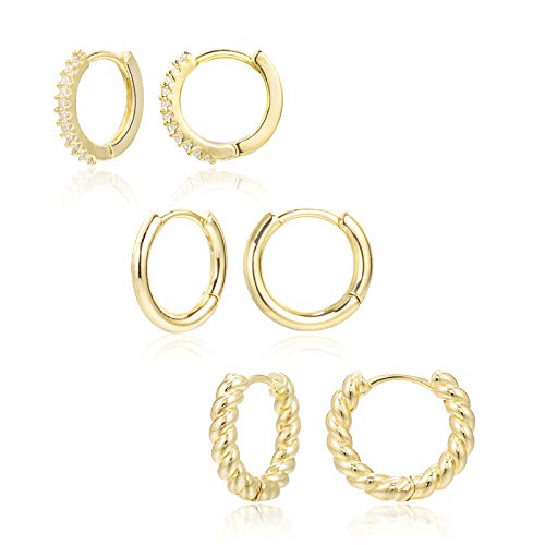 3 Pairs Small Huggie Hoop Earrings Set 14K Gold Hypoallergenic Lightweight Huggie Hoops Earrings for Women Girls