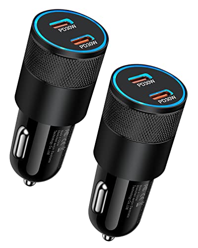 60W USB C Car Charger, 2 Pack AILKIN USB C Cigarette Lighter Adapter Fast Charging Dual Port PD3.0 Type C Car Charger Plug Compatible with iPhone 15 14 13 12 11 Pro Max Galaxy S24/S23/22 Pixel 8 7Pro