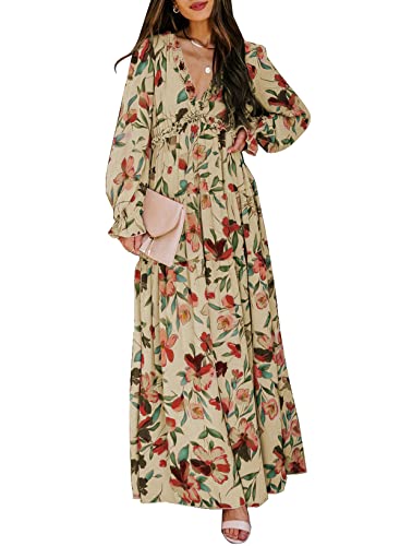 BLENCOT Women's Casual Boho Floral Printed Deep V Neck Loose Long Sleeve Long Evening Dress Ruched Cocktail Party Maxi Wedding Dress Apricot Medium
