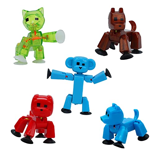 Zing Stikbot Pets 5 Pack, Set of 5 Stikbot Collectable Action Figures, Includes 1 Bulldog, 1 Monkey, 1 Cat and 2 Dogs, Create Stop Motion Animation