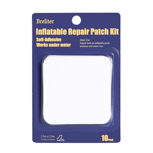 Breliter Inflatable Patch Repair Kit - Waterproof TPU Pool Repair Tape, Heavy Duty Repair Patch for Air Mattress, Bounce House, Inflatable Toys, Tent, Swimming Ring - 10 Packs of 2.5in x 2.5in, Square