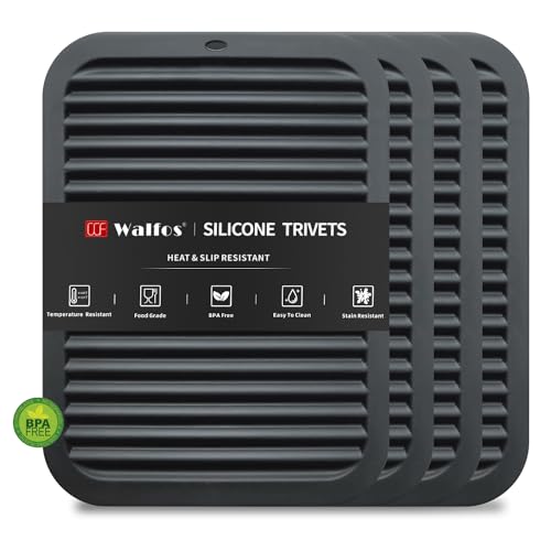 Walfos Silicone Trivets for Hot Pots and Pans - 446°F Heat Resistant Hot Pads for Kitchen Counter- 4 Pcs Multi-Purpose & Versatile Trivet Mat - Long-lasting & Flexible Silicone Hot Pad（Black）