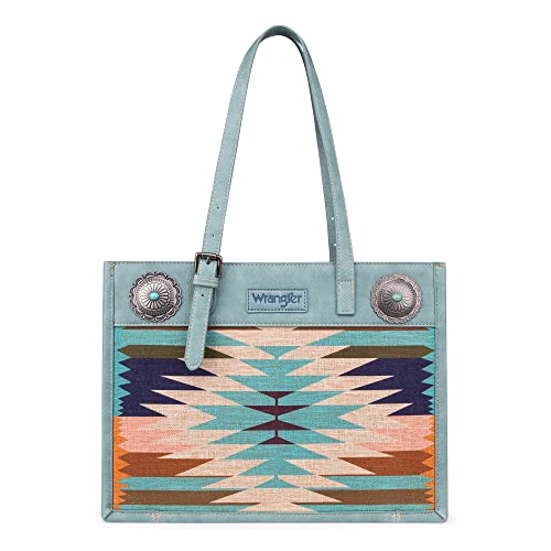 Wrangler Open Shoulder Bag without Zipper Laptop Tote Handbags with Top Handle for Women Turquoise Colour Aztec Printed Canvas Adjustable Strap Hobo Bag L14.5',WG52-8250TQ