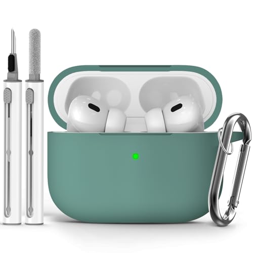 Ljusmicker AirPods Pro 2/Pro Case Cover with Cleaner Kit,Soft Silicone Protective Case for Apple AirPod Pro 2nd/1st Generation Case for Women Men,AirPods Case Accessories with Keychain-Pine Green