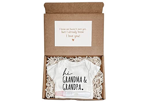 Pregnancy Announcement Box:'Hi Grandma & Grandpa' - Tell Your Parents You're Pregnant - Surprise Pregnancy Reveal Baby Bodysuit/Onesie Gift Box