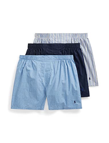 POLO RALPH LAUREN Men's Classic Fit Woven Cotton Boxers, Rimini Stripe/Cruise Navy, Muller Plaid/Cruise Navy, Cruise Navy/Sporting Royal, Large
