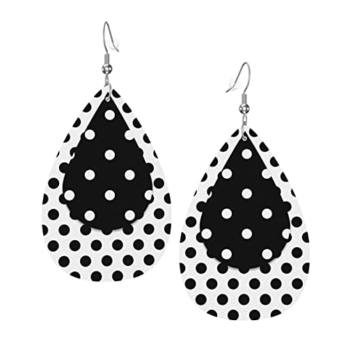 Black and White Bohemian Polka Dot Earrings Faux Leather Teardrop Dangle Earrings for Women Girls