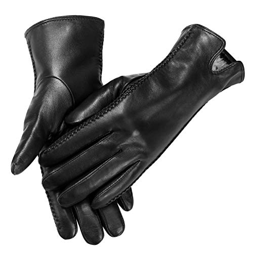 MaxW Winter Womens Leather Gloves Black Touchscreen Sheepskin Gloves Soft Warm Driving Cycling Mitten Faux Rabbit Fur Lining L