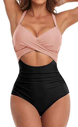Eomenie Women's One Piece Swimsuits Tummy Control Cutout High Waisted Bathing Suit Wrap Tie Back 1 Piece Swimsuit Black Pink