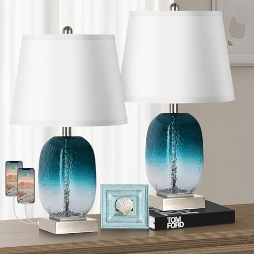 Table Lamp Set of 2 Touch Control, Modern Coastal Teal Glass Bedside Lamp with 2 USB Ports, 3-Way Dimmable Beach Nightstand Lamps with White Fabric Shade for Living Room, Bedroom (LED Bulbs Included)