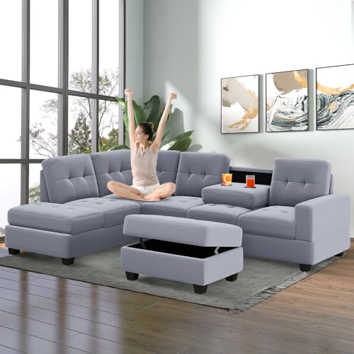 DHHU Living Room Furniture, Reversible Sectional Sofa with Storage Ottoman,L-Shape Couch with Two Cup Holders for Large Space Dorm Apartment,Gray